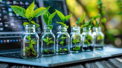 Small plants growing in glass bottles on a laptop, symbolizing technology and nature integration with a blurred background.