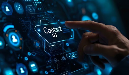 Close-up of a hand interacting with a futuristic digital interface displaying "Contact Us." Perfect for technology, customer service, and communication projects.