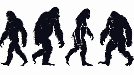 Stylized dark silhouettes displaying various stages in the evolutionary history of apes, symbolizing the gradual transformation and adaptation in their life form.