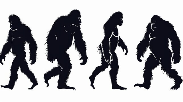 Stylized dark silhouettes displaying various stages in the evolutionary history of apes, symbolizing the gradual transformation and adaptation in their life form.
