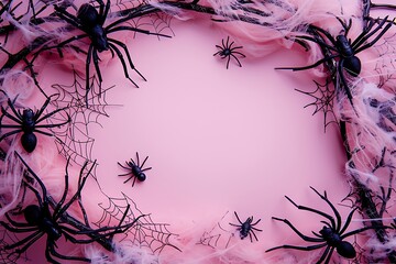 Halloween background with a frame of spooky decorations on pink paper.