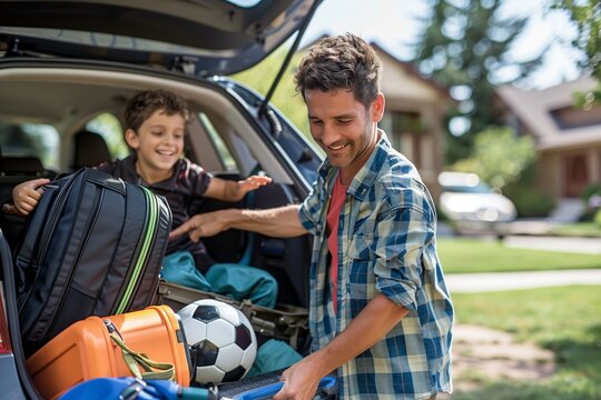 A cheerful father and his young son pack their car for a family road trip. The father is loading a large suitcase into the trunk, while the boy, dressed in a blue and white plaid shirt. - Powered by Adobe