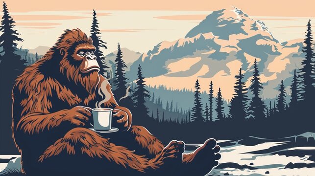A peaceful Bigfoot sitting in a mountainous forest, holding a steaming cup of coffee, capturing a calm and relaxed moment in nature.