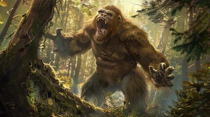 Obraz premium A fierce, gorilla-like beast stands aggressively in a wooded area, exuding raw power and intimidation. Sunbeams break through the foliage, highlighting its muscular form.