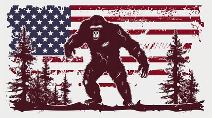 A graphic depiction of Bigfoot's silhouette standing against a grunge-styled American flag backdrop, flanked by evergreen trees, symbolizing wilderness and mystery.