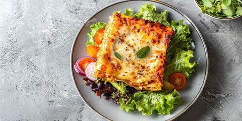 Delicious Vegetable Lasagna with Mixed Greens on Plate Against Plain Background | Copy Space for Text