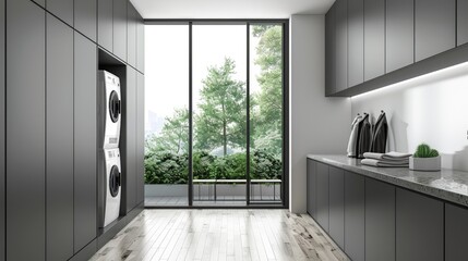 Monochrome modern laundry room with cabinets, washing machine, dryer, wooden floor, and a window view of the landscape.