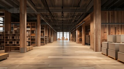 Fototapeta premium spacious industrial-style warehouse filled with wooden shelves and boxes, photorealistic rendering of a modern storage space