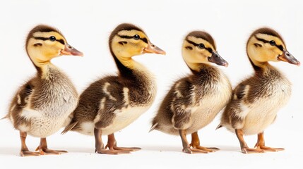 Obraz premium Four Indian runner ducklings separated against a white backdrop