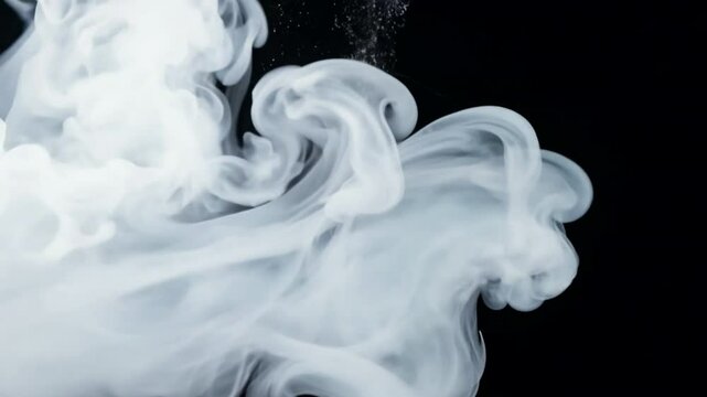 Smoke clouds, steam mist fog and white foggy vapor. 3D realistic smoke from dust particles isolated on black background. 