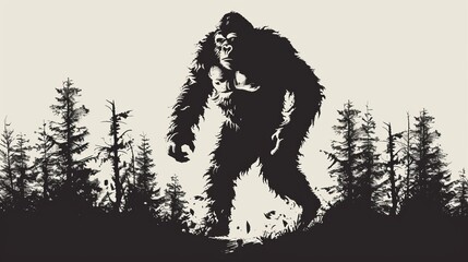 Fototapeta premium This striking black and white illustration shows a colossal Bigfoot emerging from the woods, evoking a sense of looming dread and mystery as it steps forward.