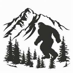 Fototapeta premium A dark silhouette of a Bigfoot-like creature walking through a forested area with tall pine trees and a large mountain in the background.