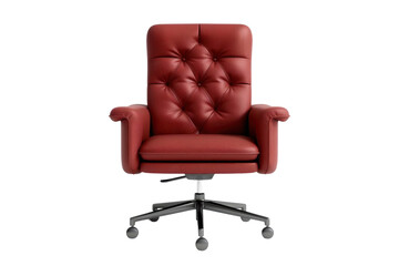 Fototapeta premium Elegant red leather office chair with tufted backrest and armrests on swivel base, perfect for a stylish and comfortable workspace.