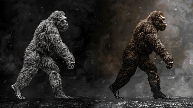 This image shows side views of furry, humanoid creatures walking in a dark, foggy environment, creating a mysterious and eerie atmosphere reminiscent of ancient legends.