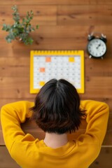 woman planning schedule on desk with calendar and sticky notes, top view.
