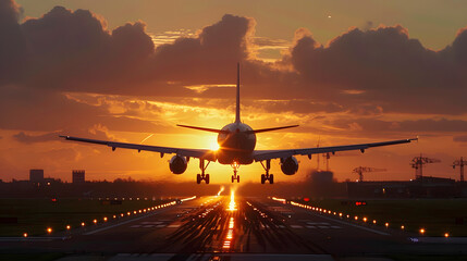 Passenger commercial plane landing at sunset, passenger airplane transport.