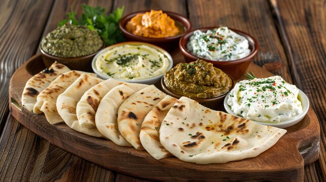 Traditional Pita Bread: Freshly baked pita bread, soft and warm, served with a variety of Mediterranean dips such as hummus, tzatziki, and baba ganoush, arranged on a wooden platter.