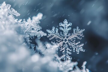 Close Up of Detailed Snowflake on Blue Frosty Background