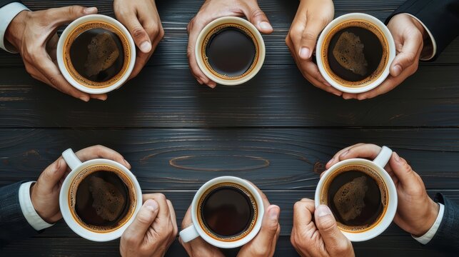 Six businesspeople taking a coffee break in an office, holding cups, engaged in lively discussion. Top view shows teamwork and collaboration. Aromatic coffee adds energy to the room