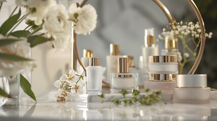 Anti-Aging Skincare, A detailed shot of anti-aging skincare products, including serums, creams, and eye treatments, arranged on a marble countertop with a mirror and fresh flowers, Photography, Canon