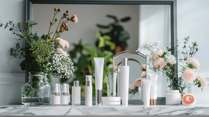 Anti-Aging Skincare, A detailed shot of anti-aging skincare products, including serums, creams, and eye treatments, arranged on a marble countertop with a mirror and fresh flowers, Photography, Canon