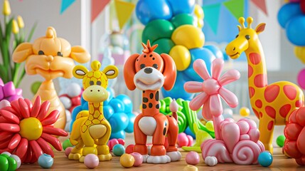 Obraz premium 3D Balloon Animal Creations: A detailed 3D illustration of various balloon animals, such as dogs, giraffes, and flowers, in bright colors, arranged on a table at a childrenâ€™s party with a cheerful