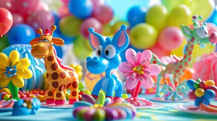 Fototapeta premium 3D Balloon Animal Creations: A detailed 3D illustration of various balloon animals, such as dogs, giraffes, and flowers, in bright colors, arranged on a table at a childrenâ€™s party with a cheerful