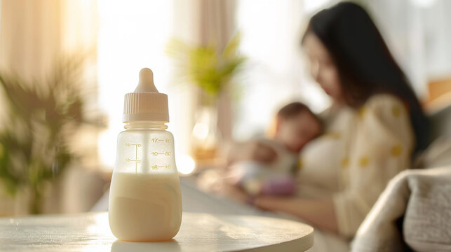A baby feeding bottle filled with milk sits on a table in a bright room. In the background, out of focus, a mother lovingly cradles her newborn in her arms while sitting on a sofa