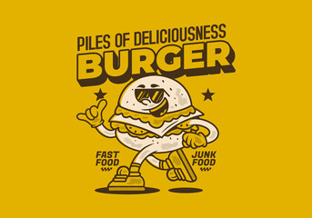 Naklejka premium Burger, pile of deliciousness. Retro mascot character illustration of burger in running pose