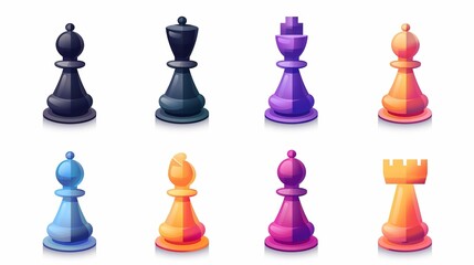 Eight different chess pieces with bright colors and unique designs are arranged in two rows against a white backdrop, highlighting their playful and vibrant artistry.
