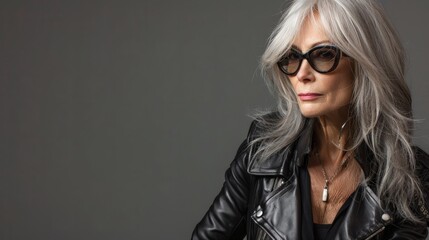 A woman with silver hair and a leather jacket stares thoughtfully into the distance