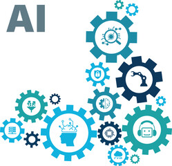 Ai technology, Artificial Intelligence. Artificial intelligence icon set. Containing machine learning, data science, AI, virtual assistant, generative AI, technology, Turing test and more.