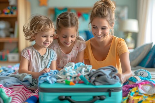 A joyful mother is seen packing a suitcase with her two young children, a girl and a boy, in a cozy bedroom setting. 