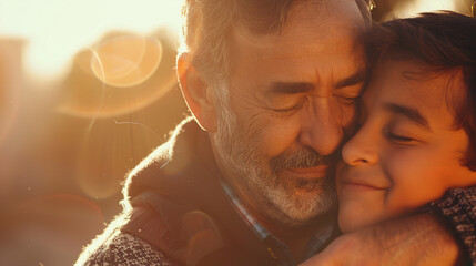 A heartwarming image captures a son warmly embracing his father, their faces reflecting deep affection and connection