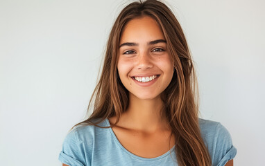 Fototapeta premium A beautiful young woman wearing a blue t-shirt smiling and showing clean white teeth.