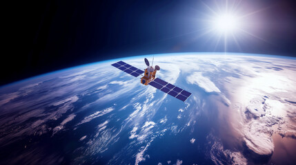 Satellite orbiting Earth, showcasing the planet's curvature against the backdrop of space.