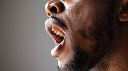 A man with his mouth open, singing or speaking passionately, possibly in a music studio or during a vocal lesson