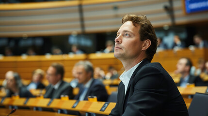 A man in a formal suit sits attentively in a European parliamentary assembly, observing the proceedings with a serious and focused demeanor