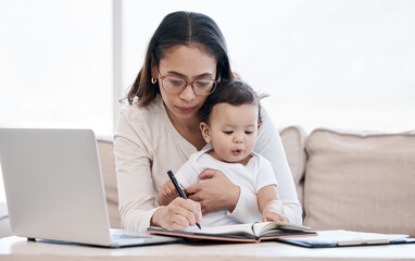 Mom, baby and work from home with notebook for business planning, multitasking and writing ideas for remote job search. Single mother, woman or freelancer with laptop or problem solving for care