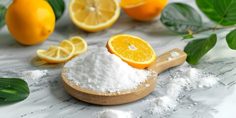Citric acid powder for use in cosmetics and food industries. Concept Citric Acid, Cosmetics, Food Industry
