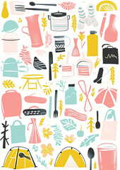 Camping and hiking gear pattern, outdoors activity, linocut vintage style illustration