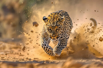 Leopard running in sand