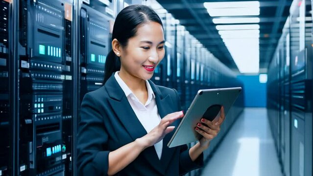  Happy Asian Business Woman Celebrating Using Tablet In Data Center.