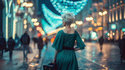 Obraz premium A strikingly beautiful girl with short white hair and dressed in a flowing green dress elegantly strolls the bustling streets of Moscow