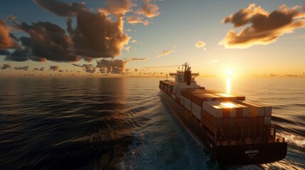 Naklejka premium A large ship carrying containers on a tranquil sea with a stunning sunset, realistic style, sharp focus, vivid colors