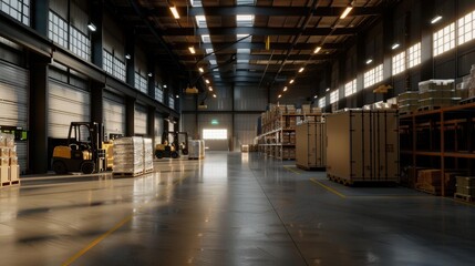 Large, empty warehouse with forklifts and shelves.