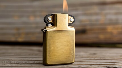 A vintage brass metal lighter with a soft flame, set against a rustic wooden table background, evoking a sense of nostalgia and timelessness.
