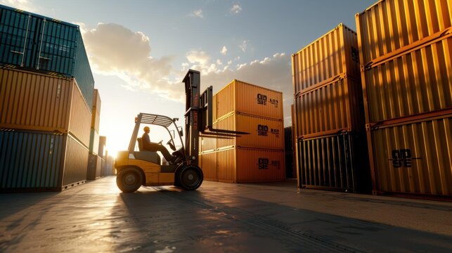 A vibrant cargo yard with a forklift moving a container, surrounded by neatly stacked containers, realistic, sunny day, high resolution
