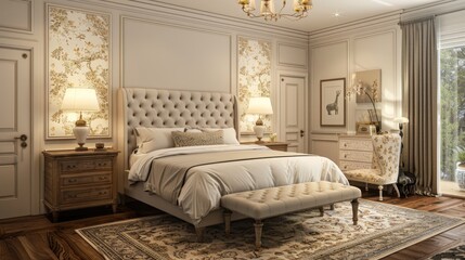 Fototapeta premium Stylish modern bedroom designed in French country style, showcasing antique furnishings, floral patterns, and a serene, inviting ambiance