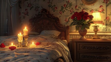 A vintage-inspired bedroom with antique furniture, soft glowing candles, and red roses in an ornate vase, set against floral wallpaper for a nostalgic, romantic setting.